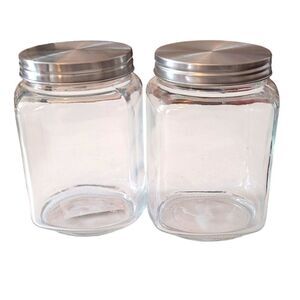 Glass Storage Jars Screw-On Metallic Silver Lids Set of‎ Two NEW